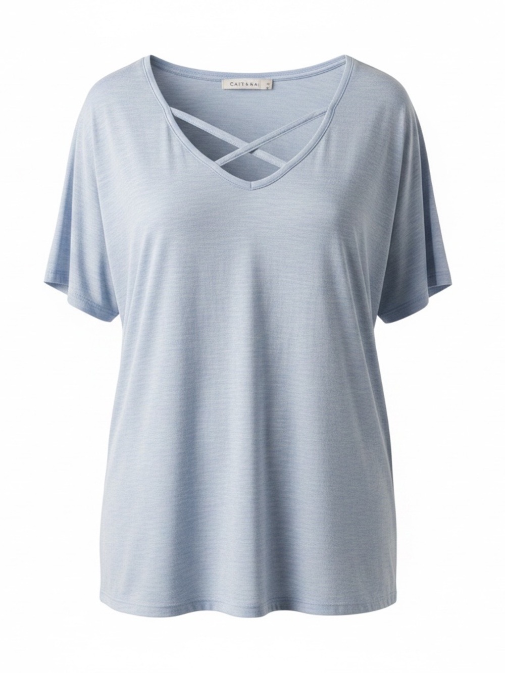 Catherines Light Blue Crisscross V-Neck Short Sleeve Top